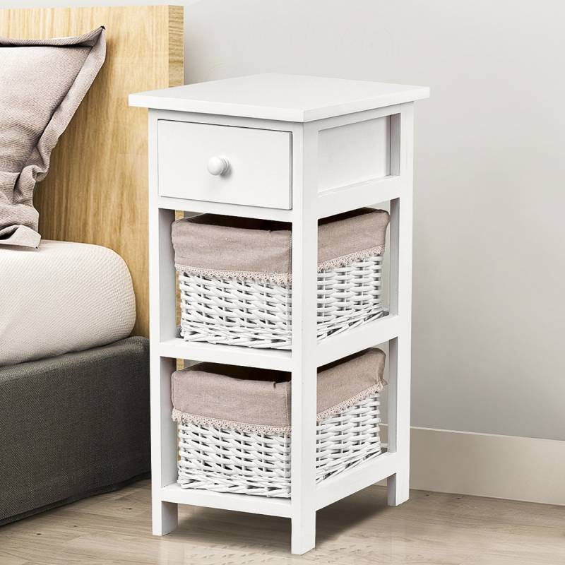 3-etagiger Nachttisch mit Schublade und 2 Aufbewahrungskörben 28 x 26 x 59,5 cm Weiß + Beige von Costway