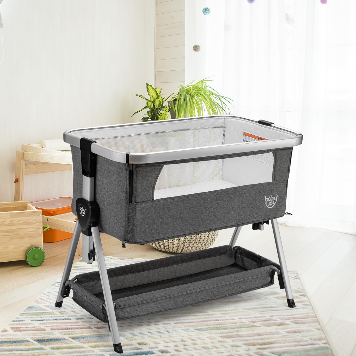 3 in 1 Beistellbett & Babywiege Babybett mit 7-fach verstellbarer Höhe Dunkelgrau von Costway