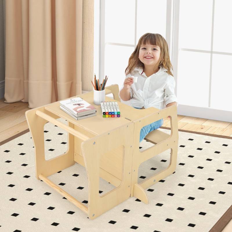 3 in 1 Kinder Lernturm Klappbarer Tritthocker & Tafel & Kindertisch-Set ab 1 Jahr Stehturm Natur von Costway