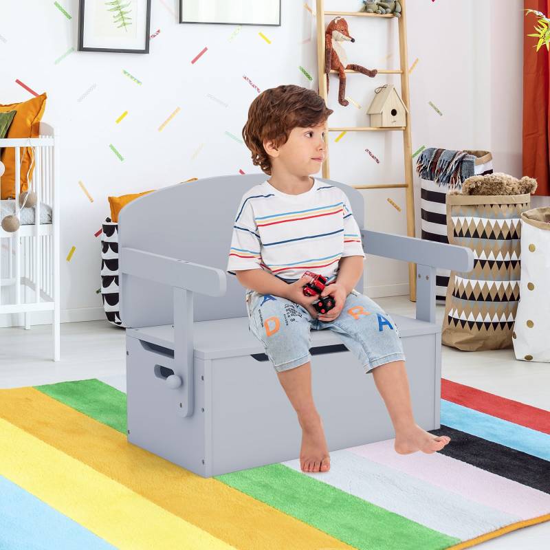 3 in 1 Kindertisch mit Sitzbank Kindersitzgruppe aus Holz mit Stauraum & Decke 60 x 34 x 57cm Grau von Costway