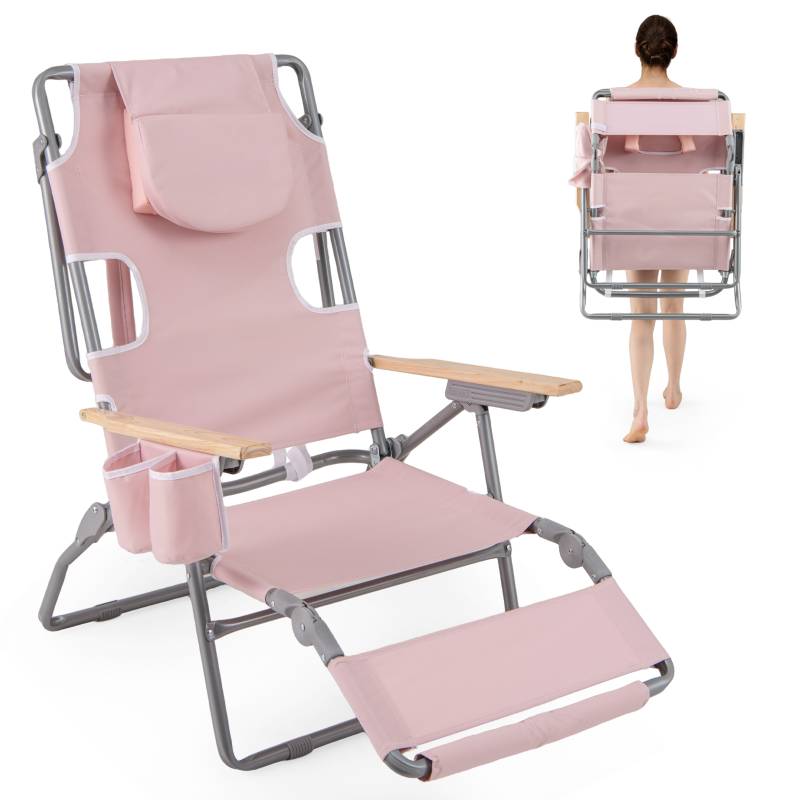 3-in-1 Klappbarer Strandstuhl Campingstuhl mit Fußstütze verstellbarer Rückenlehne & Kissen tragbarer Liegestuhl Rosa von Costway