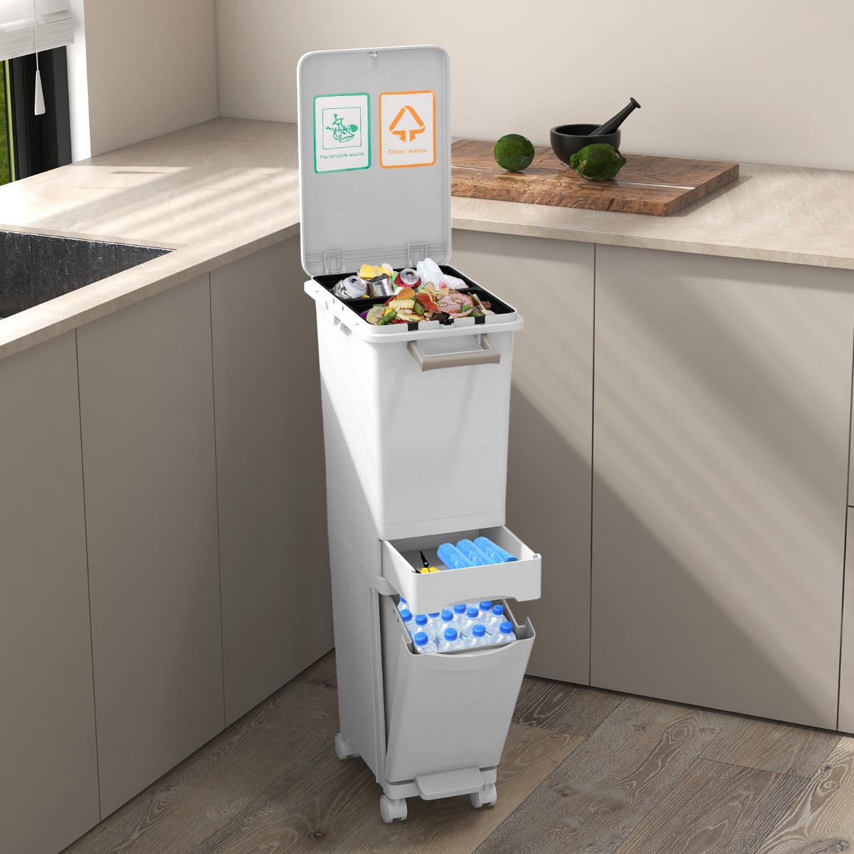 3 in 1 Multifunktionaler Mülleimer mit Neigbarem Unterem Behälter Küchenabfalleimer 3 in 1 Multifunktionaler Mülleimer mit Neigbarem Unterem Behälter Küchenabfalleimer von Costway