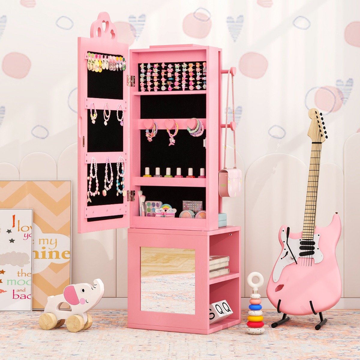 3 in 1 Spiegelschrank mit Ganzkörperspiegel & Kleiderständer Kinder Schmuckschrank Rosa von Costway
