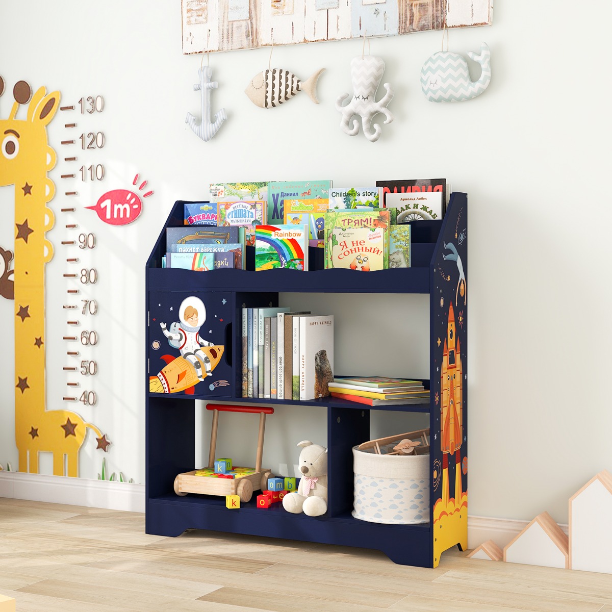 3 in 1 Spielzeugregal mit Ablagefächer & Tür 3 Stöckiges Kinderregal Bücherregal 93 x 30 x 100 cm Blau von Costway