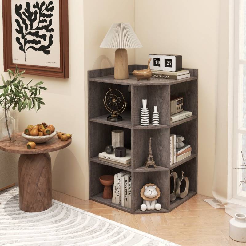 3-stöckiges Eck-Bücherregal mit Ladestation Eckregal mit 9 Fächern Grau 51 x 71,5 x 86 cm von Costway