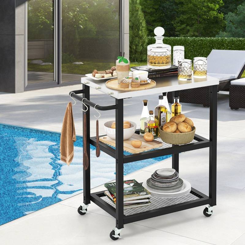3-stufiger Outdoor-Grillwagen mit 3 Haken & Edelstahlplatte & -griff Mehrzweckwagen von Costway