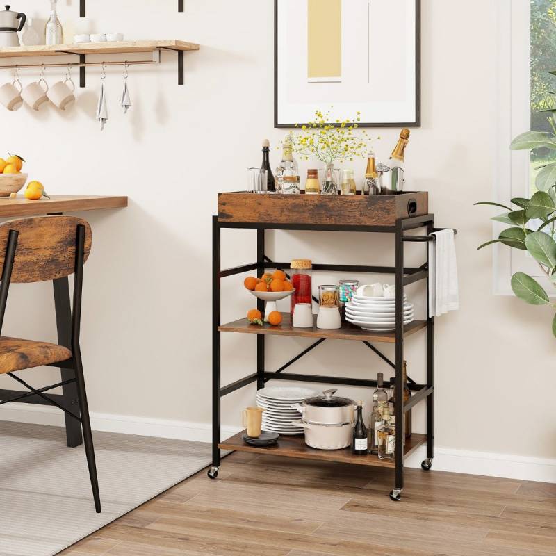 3 stufiger Servierwagen Küchenwagen mit abnehmbarem Tablett & Griff 73 x 40 x 94 cm Braun+Schwarz von Costway