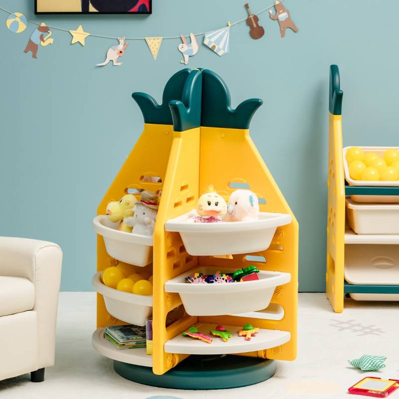 3-stufiges Ananas-Spielzeugregal Drehbare Spielzeugaufbewahrung 74 x 74 x 106 cm Gelb von Costway
