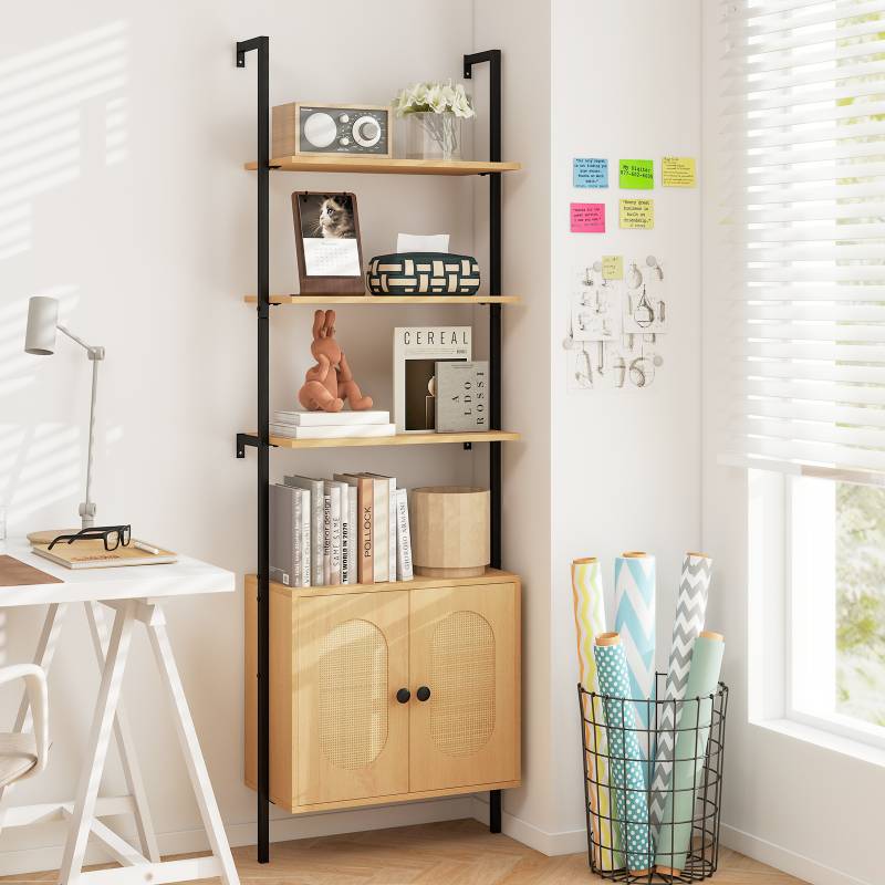 3-stufiges Bücherregal mit Rattan Schrank 184 cm Wandmontage Leiterregal Offener Präsentationsregal von Costway