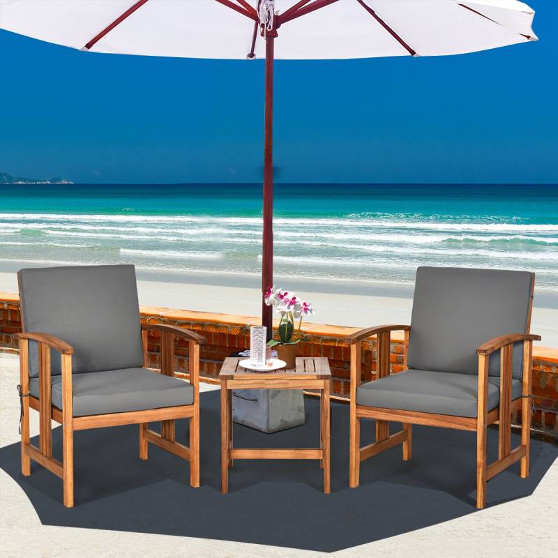 3-teiliges Akazienholz-Sofa-Set mit Kissen gepolstertes Sektionsgesprächs-Möbel-Set mit Couchtisch von Costway