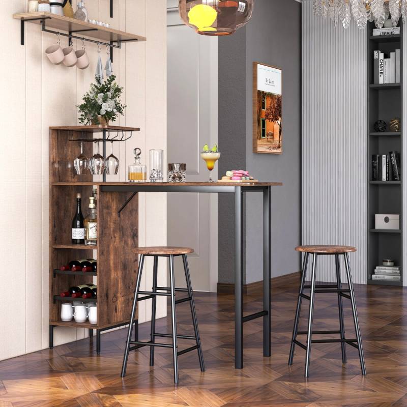 3-teiliges Bartisch- & Stuhl-Set Industrieller Pub-Tisch & Hocker Kaffee von Costway