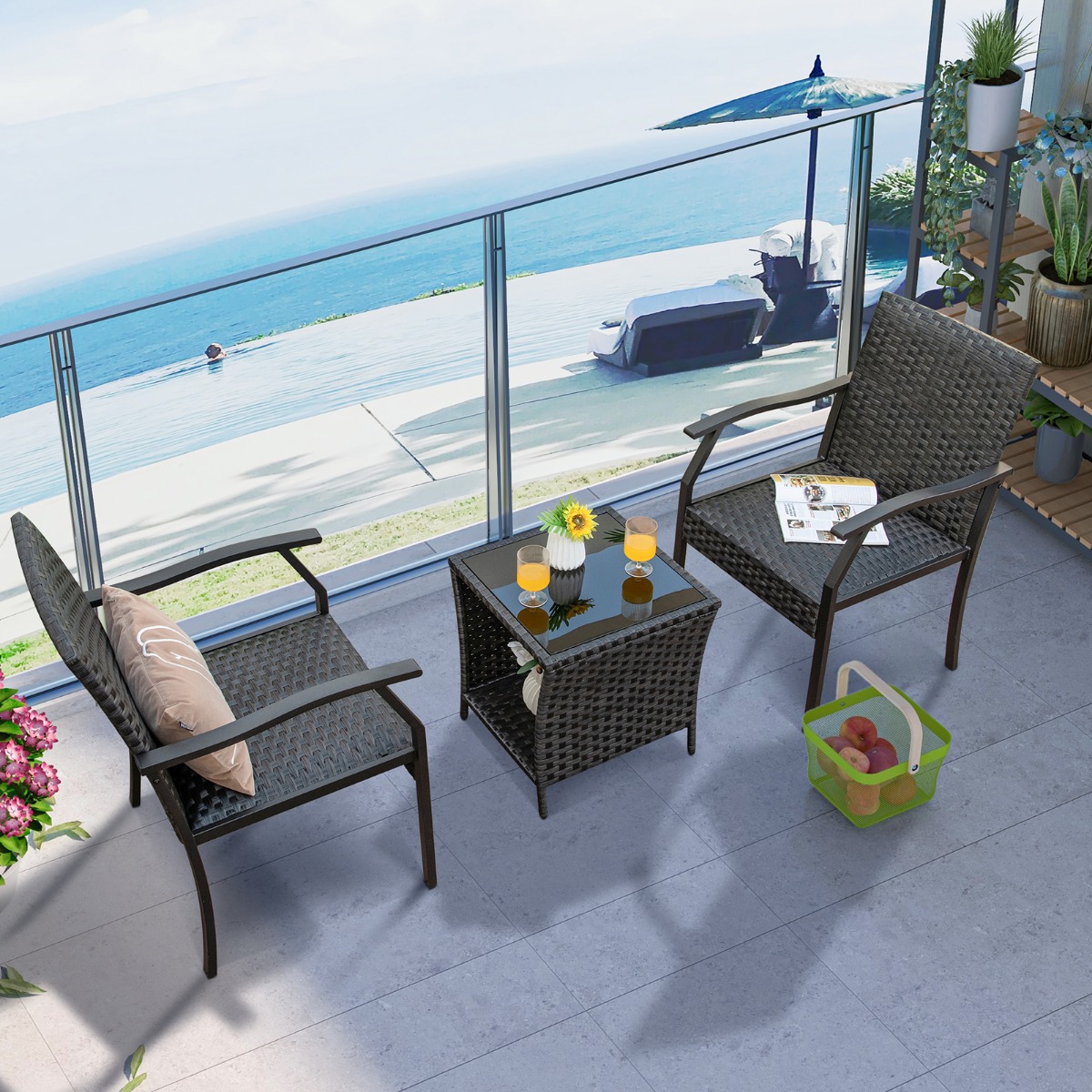 3-teiliges Gartenmöbel Set Rattan Balkonset mit 2 Stühlen und Tisch Gemischtes Braun von Costway