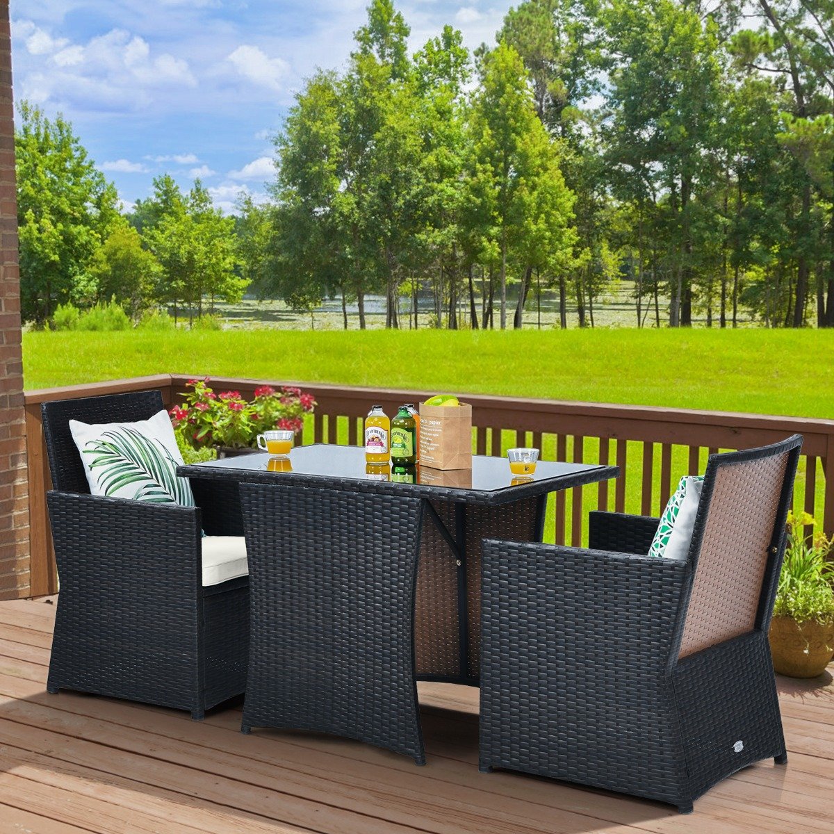 3-teiliges Patio Ess-Set Platzsparendes PE-Rattan Bistro Set mit Tischplatte von Costway