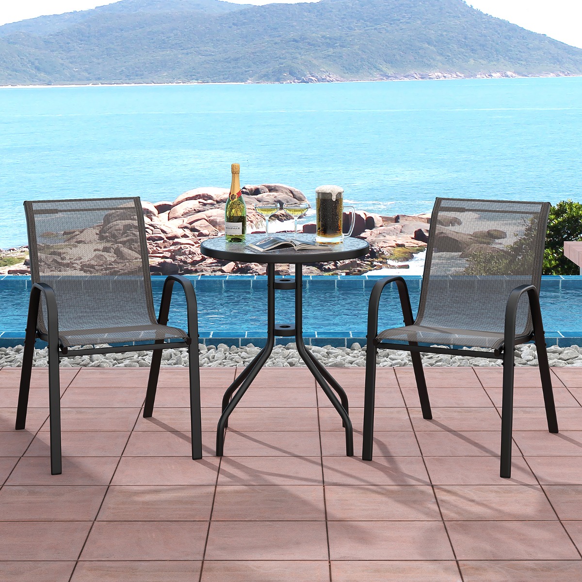 3-tlg. Bistro-Set für draußen runder Beistelltisch mit 2 stapelbaren Stühlen Sitzgruppe mit Tischplatte Grau 3-tlg. Bistro-Set für draußen runder Beistelltisch mit 2 stapelbaren Stühlen Sitzgruppe mit Tischplatte Grau von Costway
