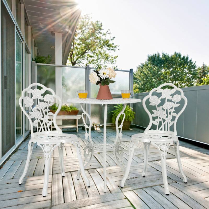 3-tlg. Gartenmöbel Set Balkonset mit 2 Stühle & Tisch aus Aluminiumguss & Gusseisen Weiß von Costway