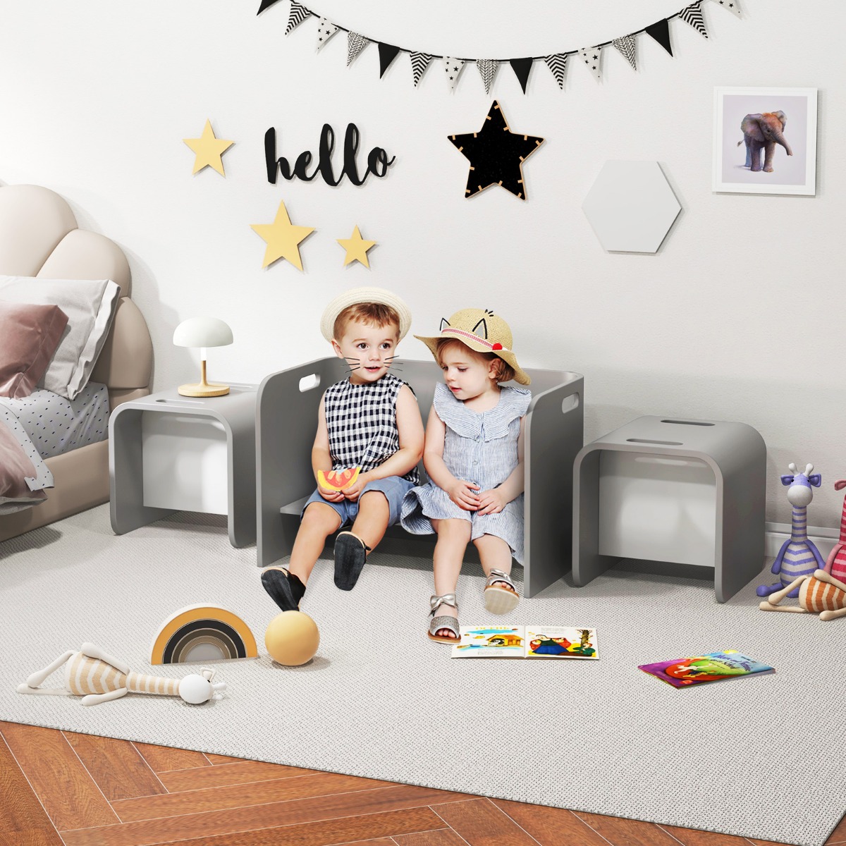 3 tlg. Kindertisch Stühle Set Kindersitzgrupppe Holz Kindermöbel Lerntisch Grau von Costway