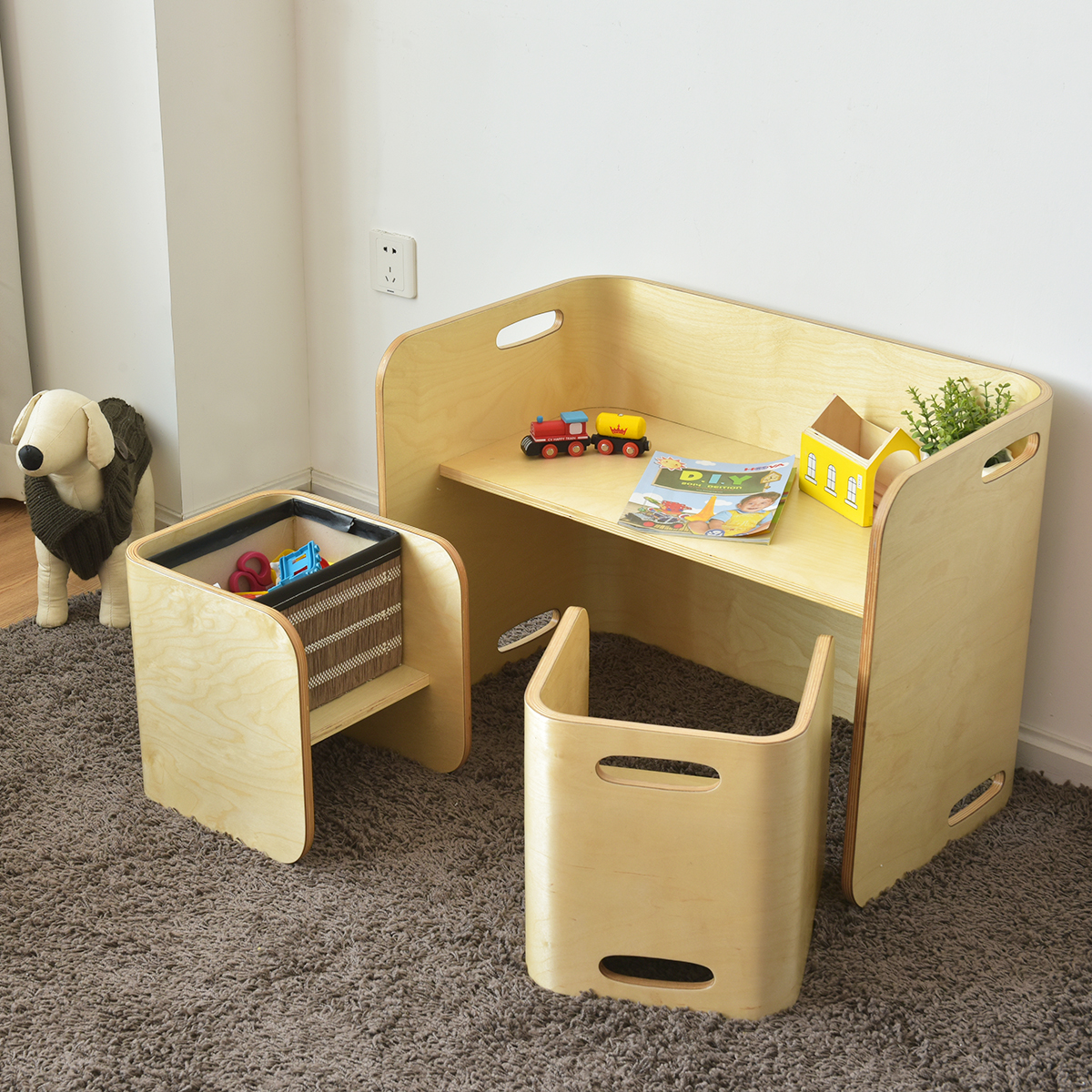 3 tlg. Kindertisch Stühle Set Kindersitzgrupppe Holz Kindermöbel Lerntisch Natur von Costway