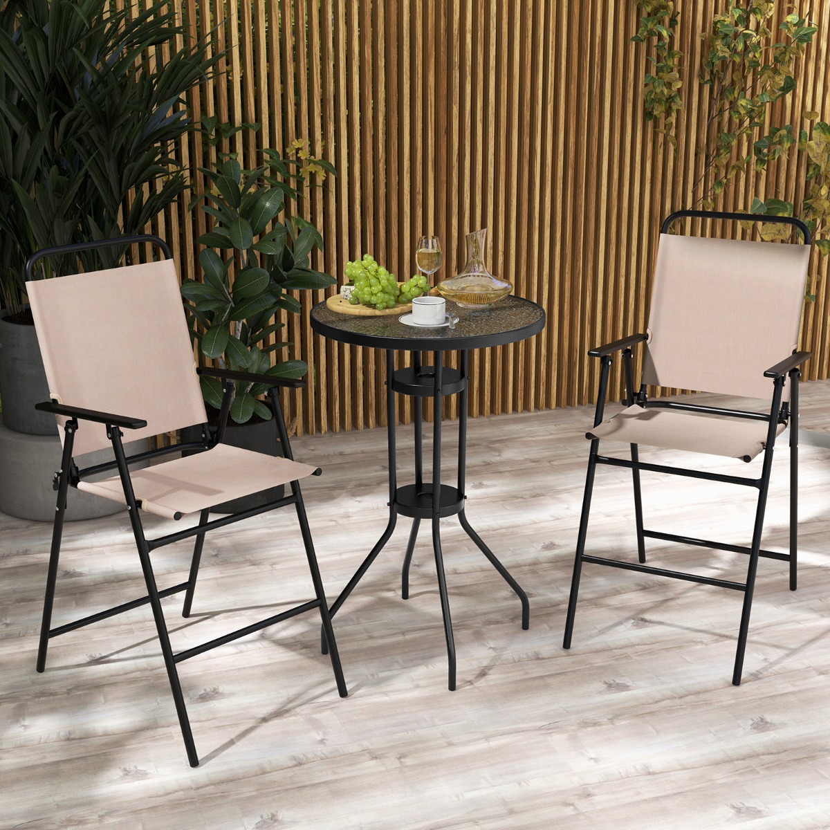 3 tlg. Outdoor-Bistro-Set Terrassen-Bartisch mit 2 Klappbaren Stühlen & Sonnenschirmloch Beige von Costway