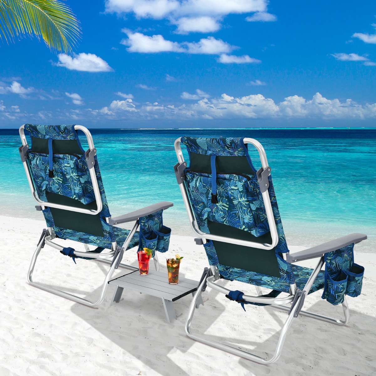 3 tlg. Strandstuhl & Tisch Set Outdoor Liegestühle mit Aufrollbarem Campingtisch Blau Blätter von Costway