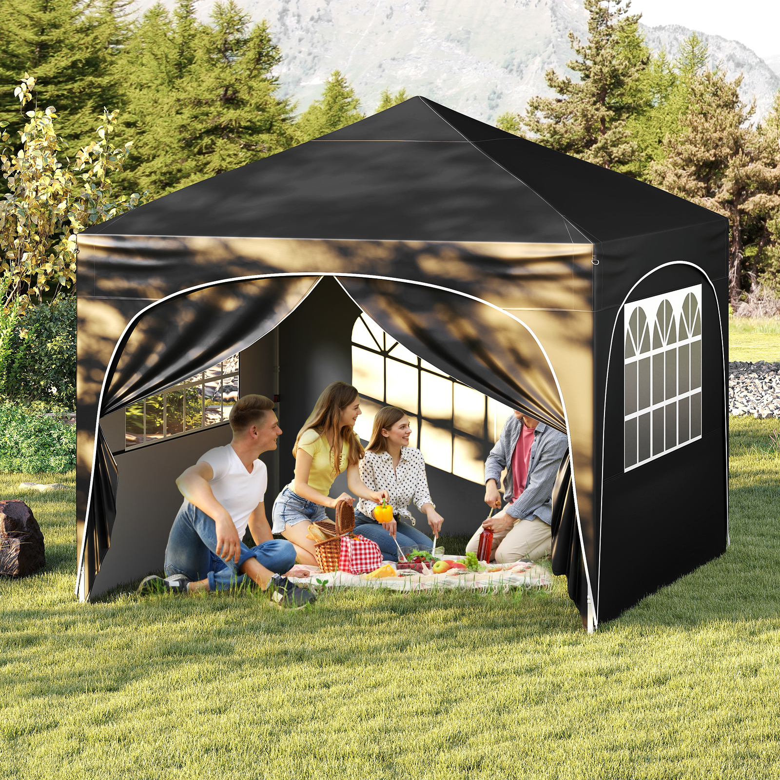 3 x 3 M Pavillon mit 4 abnehmbaren Seitenwänden Gartenzelt inkl. Rolltasche 8 Heringe 4 Anker Schwarz von Costway