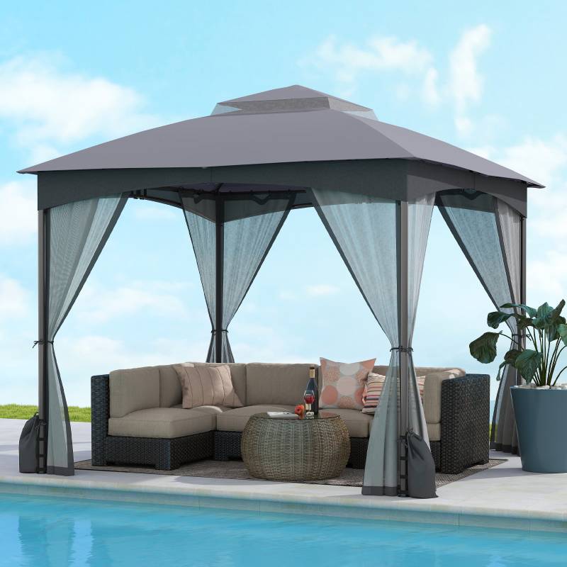 3 x 3 m Pavillon mit Moskitonetz 4 Sandsäcken & Doppeldach wasserdicht stabil winterfest Gartenpavillon für Terrasse Grau von Costway