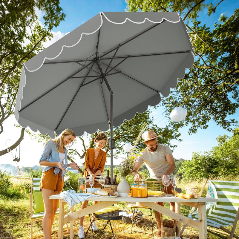300 cm Sonnenschirm mit Kurbel & Volant Gartenschirm Beidseitig um 35° Knickbar Terrassenschirm Grau von Costway