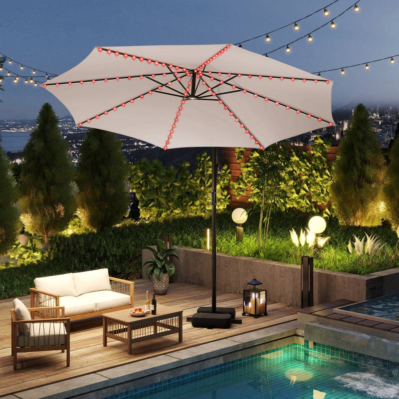 300 cm Sonnenschirm mit LED-Beleuchtung 9 Modi Ampelschirm mit Sandsäcken & Kurbel Neigungswinkel verstellbar Beige von Costway
