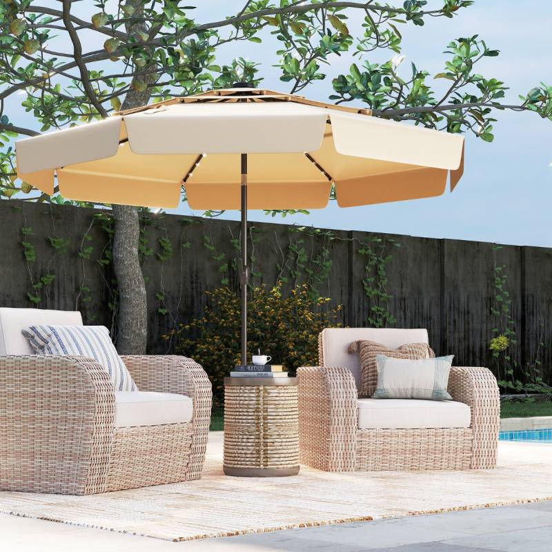 300 cm Sonnenschirm mit LED-Beleuchtung Beidseitig um 35° Knickbarer Gartenschirm Beige von Costway