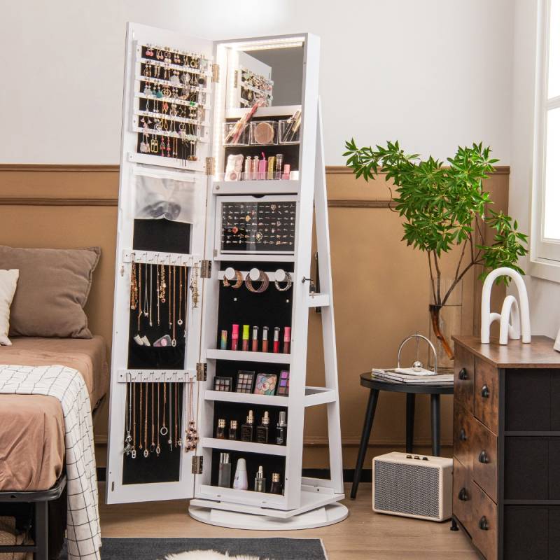 360° Drehbarer Schmuckschrank mit Dreifarbigen LED-Leuchten Freistehender Spiegelschrank Weiß von Costway