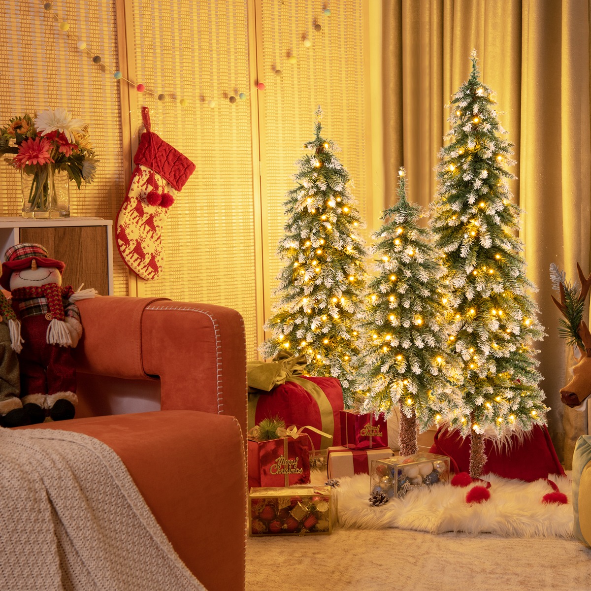 3er Künstlicher Weihnachtsbaum mit Schnee & LED-Lichtern & Metallständer Christbaum 3er Künstlicher Weihnachtsbaum mit Schnee & LED-Lichtern & Metallständer Christbaum von Costway