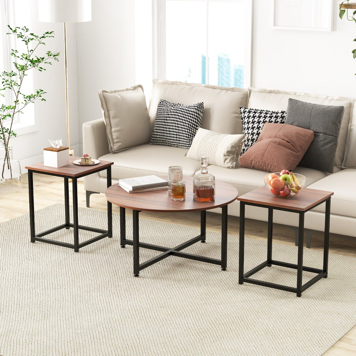 3er Set Couchtisch mit Robustem Metallrahmen Runder Kaffeetisch & 2 Quadratische Beistelltische Braun von Costway