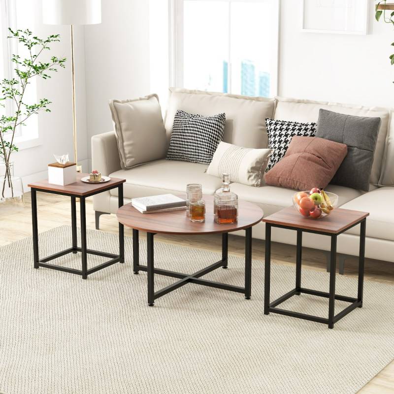 3er Set Couchtisch mit Robustem Metallrahmen Runder Kaffeetisch & 2 Quadratische Beistelltische Braun von Costway