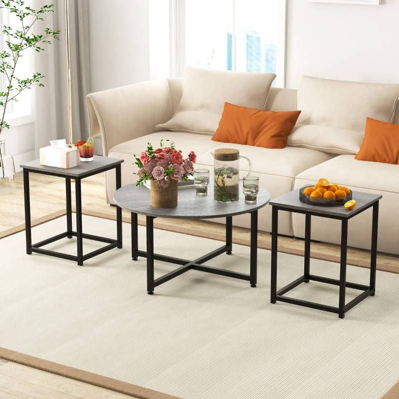 3er Set Couchtisch mit Robustem Metallrahmen Runder Kaffeetisch & 2 Quadratische Beistelltische Grau von Costway