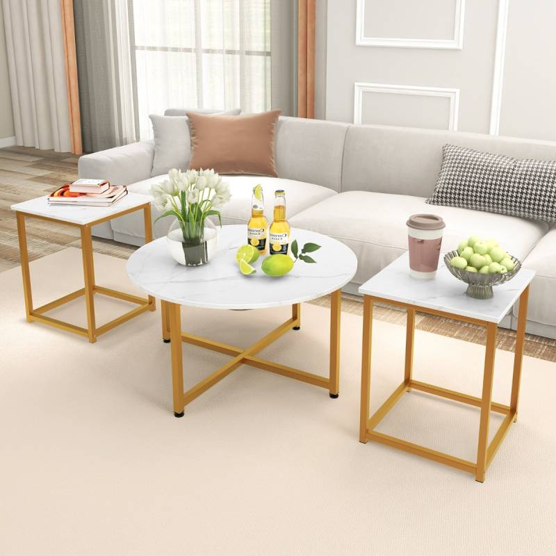3er Set Couchtisch mit Robustem Metallrahmen Runder Kaffeetisch & 2 Quadratische Beistelltische Weiß von Costway