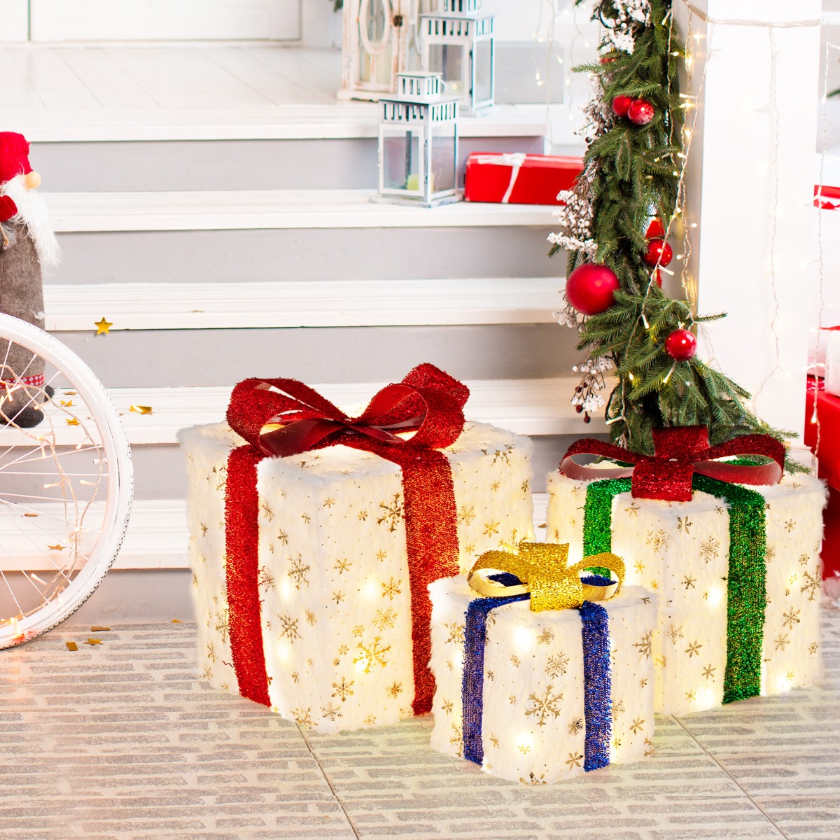 3er Set LED Geschenkboxen mit Schleife & 48 Warmweiß LEDs & Timer Wasserdichte Weihnachtsdeko von Costway