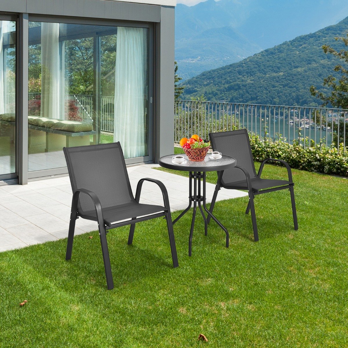 3tlg. Balkonmöbel Set Bistrotisch mit 2 Stapelbare Stühlen Balkonset Gartenset Gartengarnitur von Costway