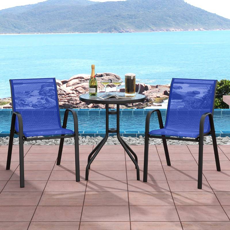3tlg. Balkonmöbel Set Bistrotisch mit 2 Stapelbare Stühlen Bistroset Balkonset Gartenset Blau von Costway