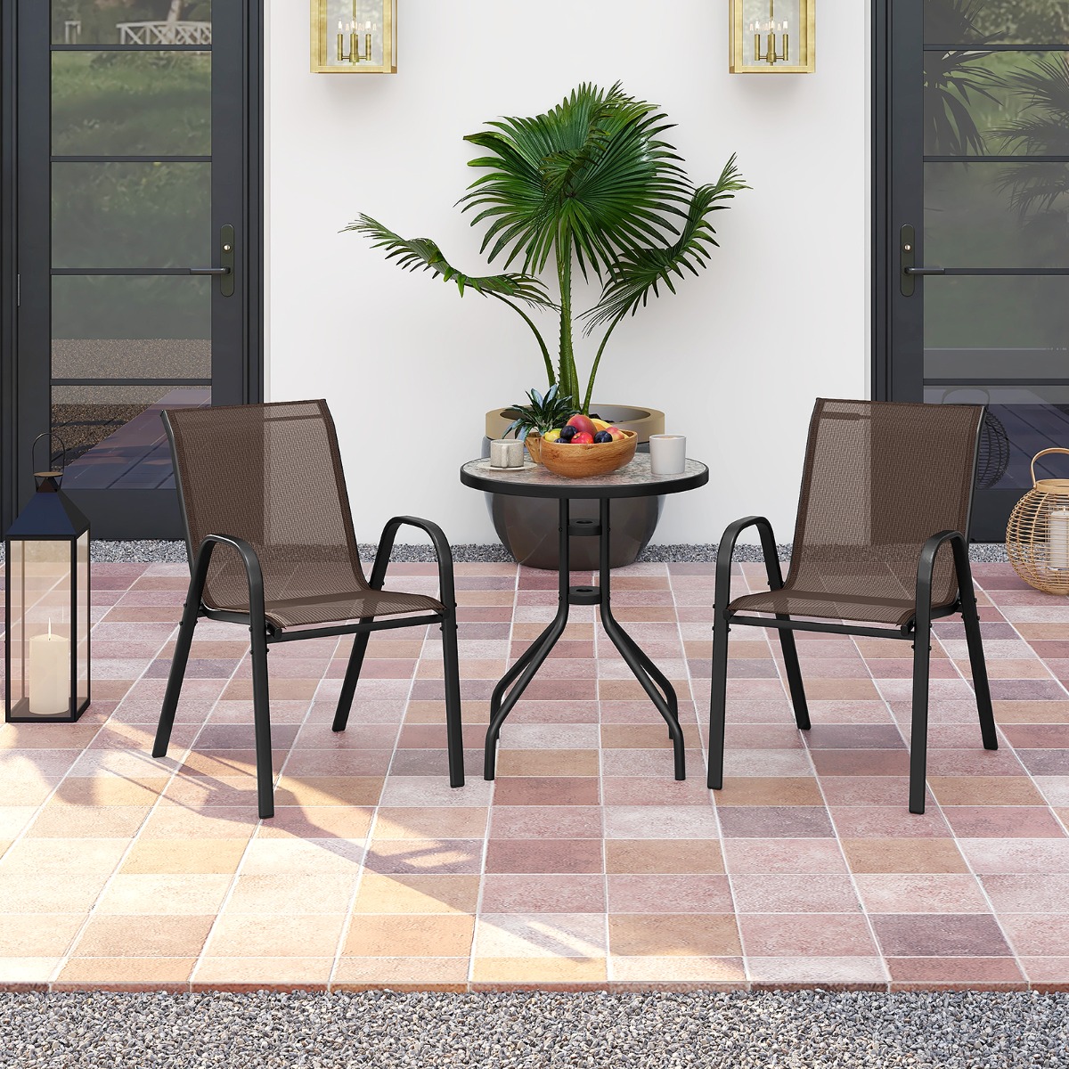 3tlg. Balkonmöbel Set Bistrotisch mit 2 Stapelbare Stühlen Bistroset Balkonset Gartenset Braun 3tlg. Balkonmöbel Set Bistrotisch mit 2 Stapelbare Stühlen Bistroset Balkonset Gartenset Braun von Costway