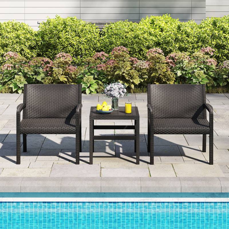 3tlg. Rattan Gartenmöbel Set Wetterfestes Balkonmöbel Balkonset inkl. 2 Stühle mit Tisch Schwarz von Costway