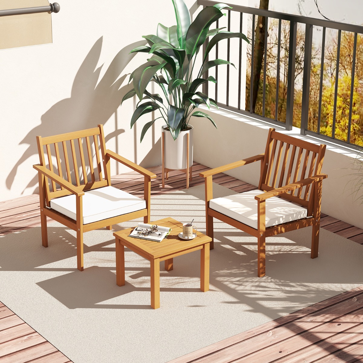 3tlg. Terrassenmöbel-Set aus Akazienholz 2 Gartenstühle mit Kissen & Kaffeetisch Bistroset von Costway