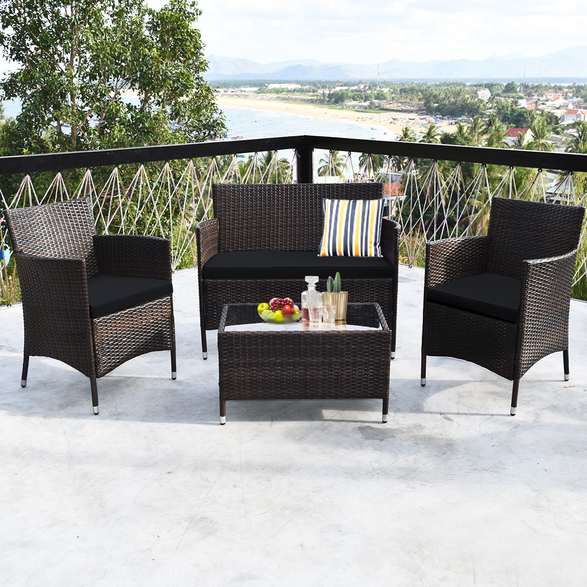 4 Stück Outdoor Terrassenmöbel Set aus PE Rattan mit gehärtetem Glastisch & Kissen Grau von Costway