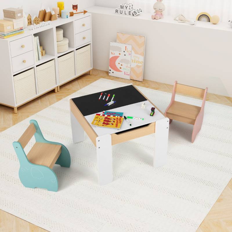 4 in 1 3tlg. Kindersitzgruppe aus Holz mit Abnehmbarer Tafel & Stauraum Bunt von Costway