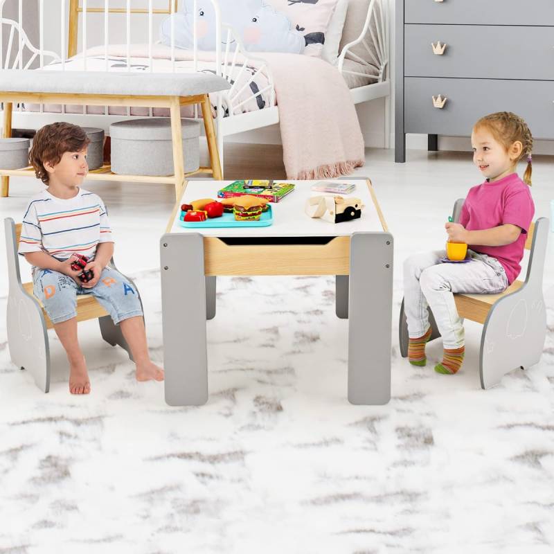4 in 1 3tlg. Kindersitzgruppe aus Holz mit Abnehmbarer Tafel &amp; Stauraum Grau von Costway