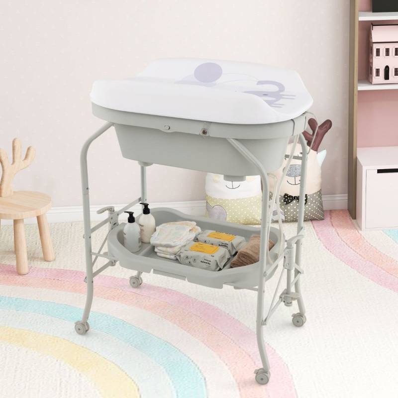 4 in 1 Klappbarer Wickeltisch mit Badewanne tragbare Wickelkommode mit Wickelauflage Hellgrau von Costway