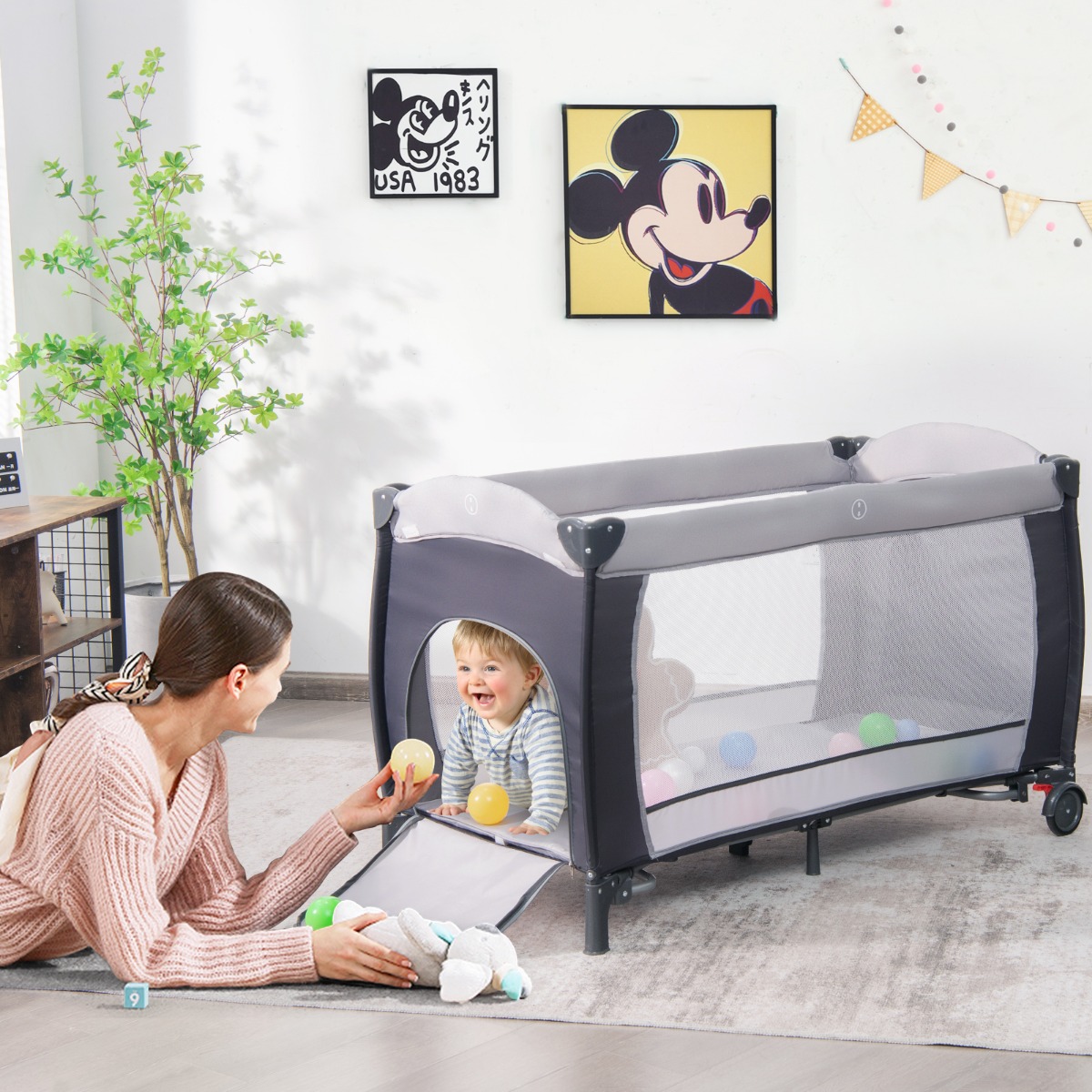 4 in 1 Klappbares Reisebett & Babywiege 123 x 63 x 76 cm Grau von Costway