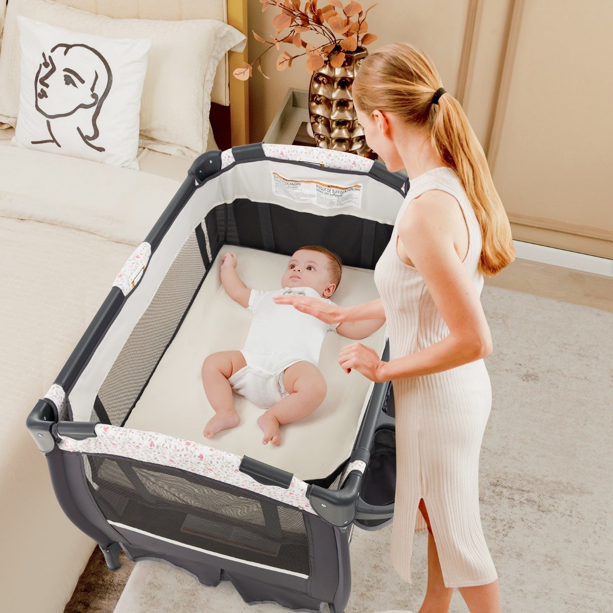 4 in 1 Reisebett mit Matratze Beistellbett klappbar mit verstellbaren Vordach Blumen von Costway