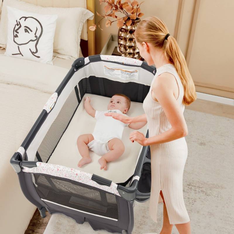 4 in 1 Reisebett mit Matratze Beistellbett klappbar mit verstellbaren Vordach Blumen von Costway