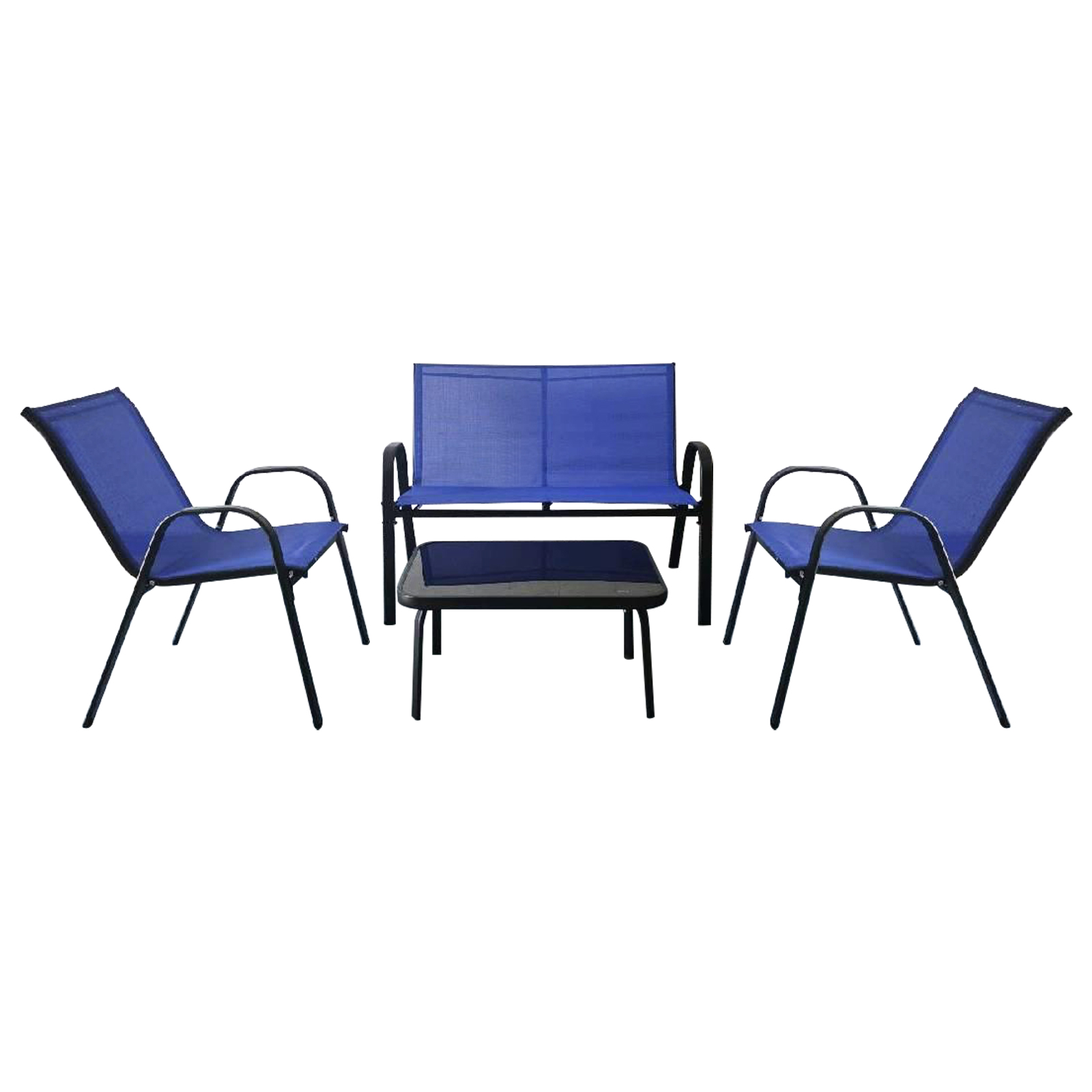 4-teiliges Patio Metallstuhl-Set Modernes Stuhlund Tisch-Set mit Stoffbezug Tischplatte aus gehärtetem Glas Blau 4-teiliges Patio Metallstuhl-Set Modernes Stuhlund Tisch-Set mit Stoffbezug Tischplatte aus gehärtetem Glas Blau von Costway
