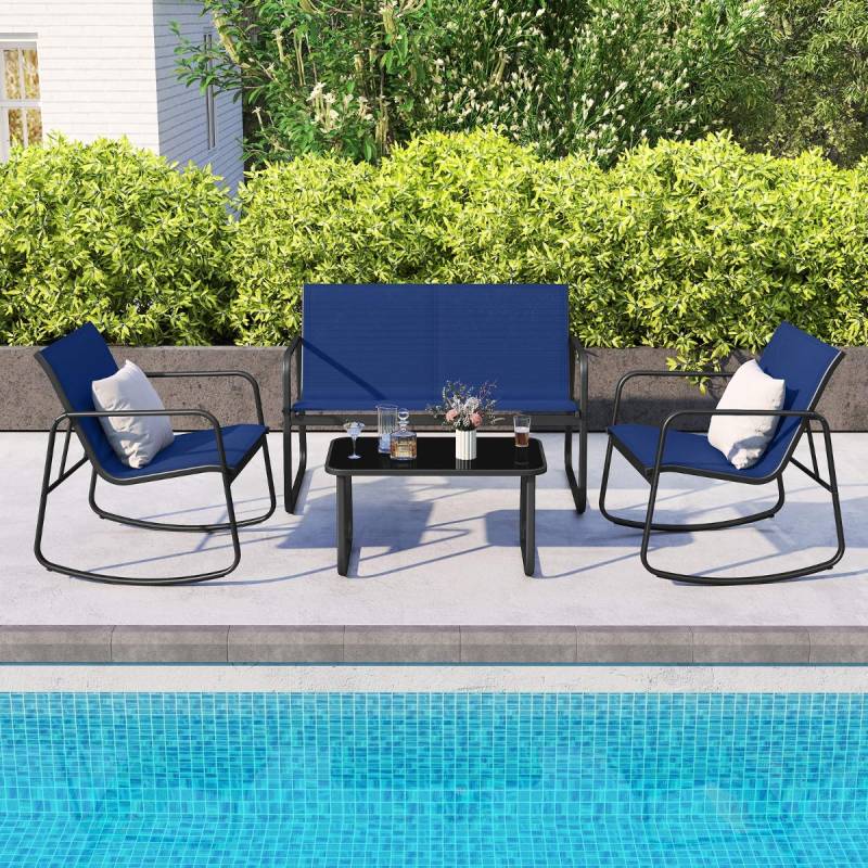 4-tlg. Gartenmöbel Set Terrassenmöbel mit sanfter Schaukelbewegung Sitzgruppe Sitzgarnitur für 4 Personen Blau von Costway
