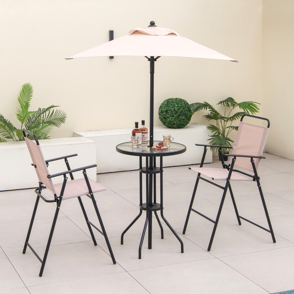 4 tlg. Outdoor Bar-Set Runder Bartisch mit 2 Klappbaren Barhockern & Sonnenschirm Beige von Costway